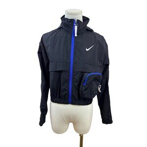 Nike Womens Black & Blue Cropped Windbreaker Jacket With Hood Zip Sz XS